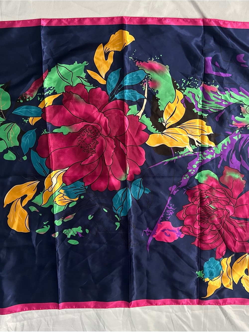 Navy Floral Silk-Feel Scarf with Pink and Yellow Blooms